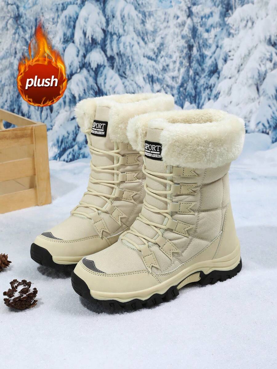 Giày bốt đi tuyết dày ấm chống trượt bền bỉ cho nữ khi đi ngoài trời, giày đi bộ đường dài cổ cao màu trơn thoải mái
