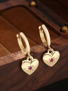 1 Pair Elegant & Fashionable Copper Micro-Inlaid Pink Cubic Zirconia Heart Pendant Earrings, Versatile Sweet Gift For Women, Valentine's Day