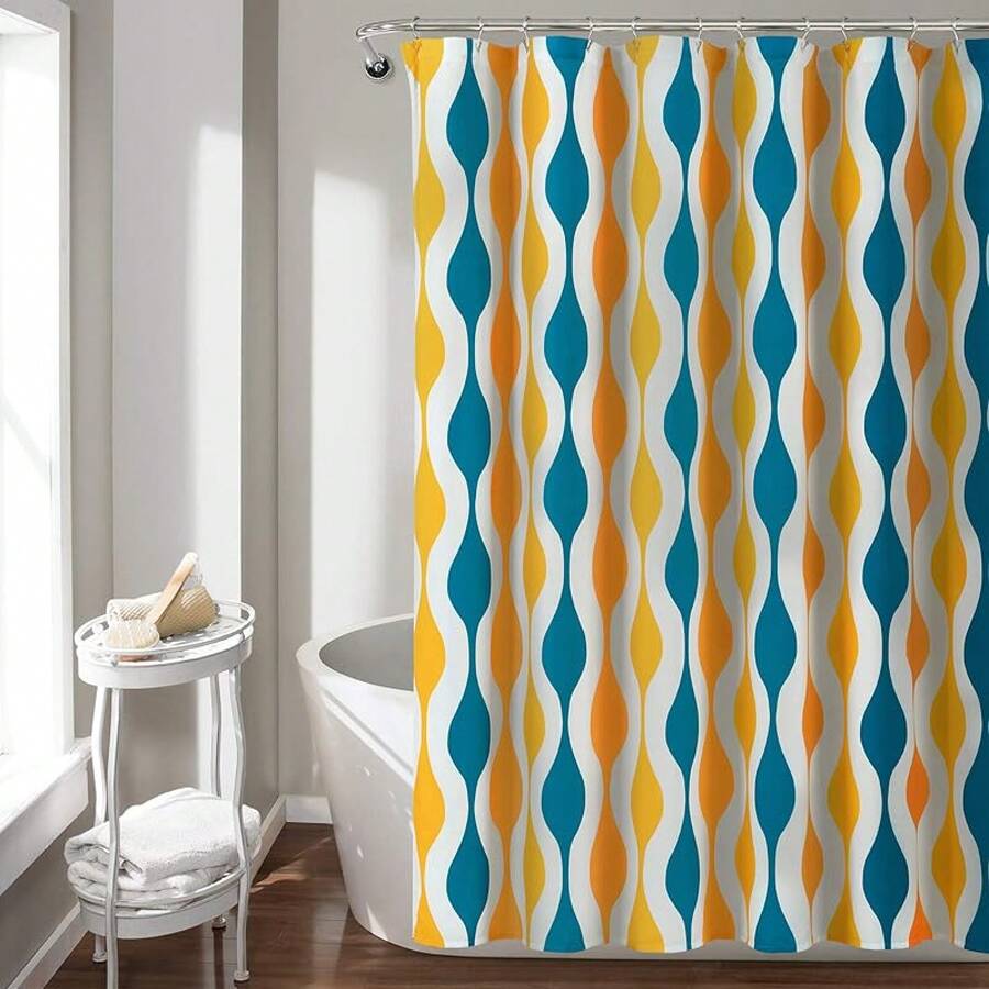 Mid Geo Shower Curtain, 72 X 72, Gold & Gray, Bathroom Decor - Turquoise & Orange - View 1