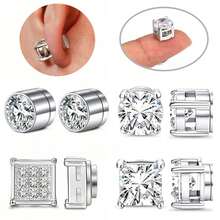 4 Pares de Brincos Magnéticos de Aço Inoxidável para Homens e Mulheres, Não Perfurantes, CZ Hipo-alergênico, Conjunto de Brincos de Botão Magnético Redondo, Quadrado e Gota de Lágrima com Halo de Diamante Falso - Prata - Visão 1