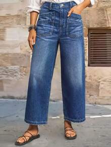 25 AW 秋季女装弹力中腰阔腿牛仔裤，采用复古水洗、磨损下摆和斜口袋设计，短款长度。 - 中等水洗藍 - 查看 6