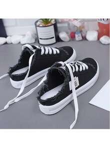 Women Canvas Mules Slip On Sneaker Fashion Comfortable Solid Canvas Slippers Casual Shoes For Women - 黑色 - 查看 9