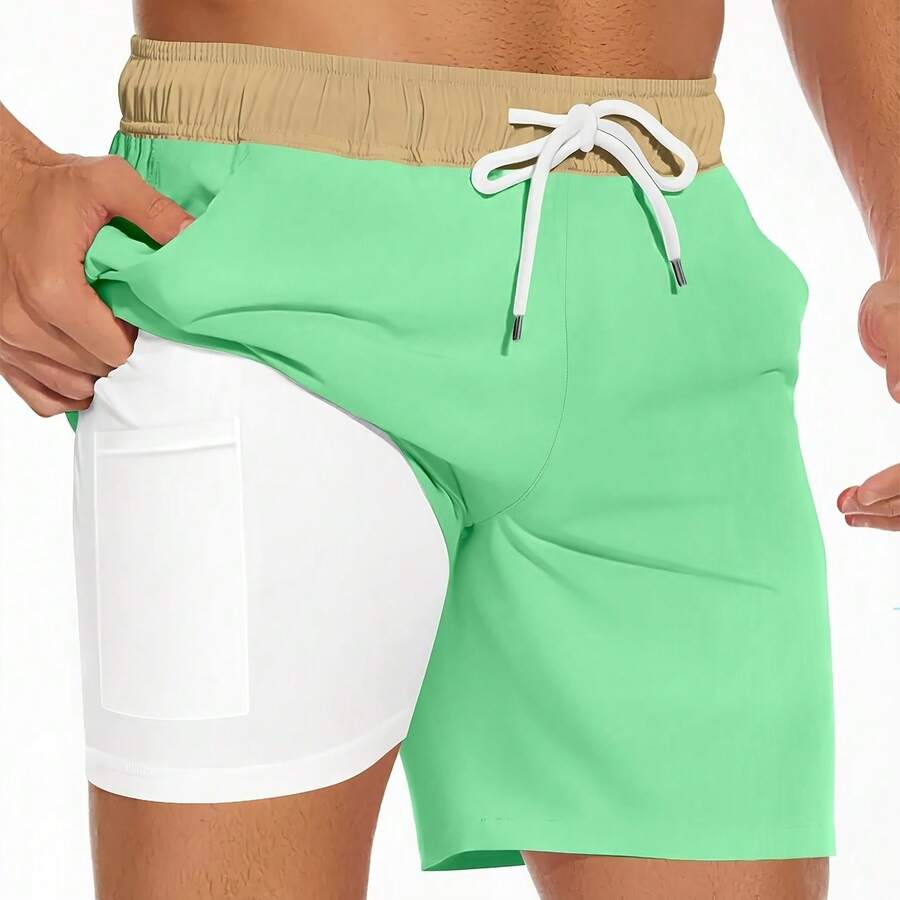 Keevoom Mens Swim Trunks Compression Liner Swim Shorts Swimwear Quick Dry Swimsuit Bathing Suits With Pockets - Light Green - View 1