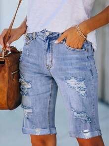 Women's Casual Light Wash Ripped Bermuda Denim Shorts With Medium Stretch, Chic Basic Summer Outfits - 淺藍色-2 - 查看 2