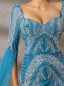 Faeriesty Faeriesty Elegant Evening Gown With Heart-Cut Neckline & Ethereal Sheer Sleeves - Mermaid Silhouette Formal Dress With Embellished Train - For Red Carpet Galas, Luxury Weddings, Diplomatic Balls
