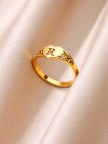 1PC Fashion Hollow Initial Letter Heart Rings For Women Gold Color Stainless Steel A-Z Letter Ring Aesthetic Wedding Jewelry Gift - Yellow Gold - View 4