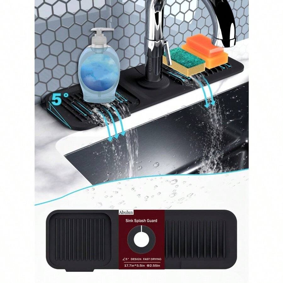 Local Shipping-5°Slope Kitchen Sink Splash Guard-Gray Silicone Faucet Mat Handle Drip Catcher Tray Behind Faucet With Soap Dispenser Hole-1pc Water Clear Gadgets For Sink Accessories 5 By 24inch Long Organizer - Black - View 1