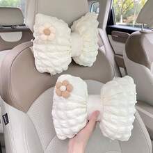 Car Headrest & Lumbar Support Pillow Set, Creative Floral Design Neck Rest And Waist Cushion, Comfortable Car Interior Accessories, For Comfortable Long-Distance Travel, Neck Protection, Waist Protection, Car Puff Detachable And Washable, Suitable All Seasons - Beige - View 10