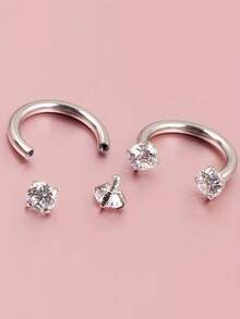 2pcs C-Shape Zirconia Studded Lip Ring, Horseshoe Ring, Nose Septum, Earrings, 16G Stainless Steel Piercing Jewelry, Suitable For Daily Wear