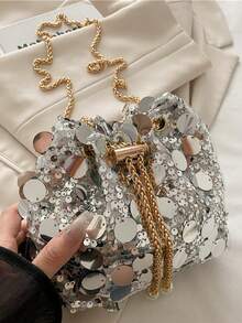 1pc Fashionable Metallic Sequin Design Women's Evening Clutch Bag With Chain Strap,Crossbody Shoulder Bag Suitable For Summer Women's Party, Gathering, Photo Shooting, Festival Gifts, Popular Brand Women Handbag - Multicolor - View 4