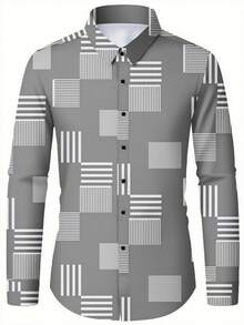 Kemeja Pria Lengan Panjang Klasik Motif Geometris & Garis-garis, Monokrom Hitam & Putih, Kemeja Berkerah Kancing Tunggal, Serbaguna untuk Semua Musim, Fesyen Lintas Batas yang Wajib Dimiliki, Musim Gugur - Grey - View 2