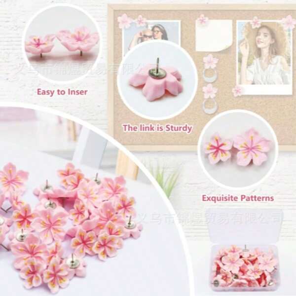 1 caja de 30 piezas de chinchetas decorativas con diseño de flores rosas - Chinchetas con diseños de flores de dibujos animados para tableros de corcho, fotos, mapas murales, útiles escolares, regreso a clases y suministros de oficina