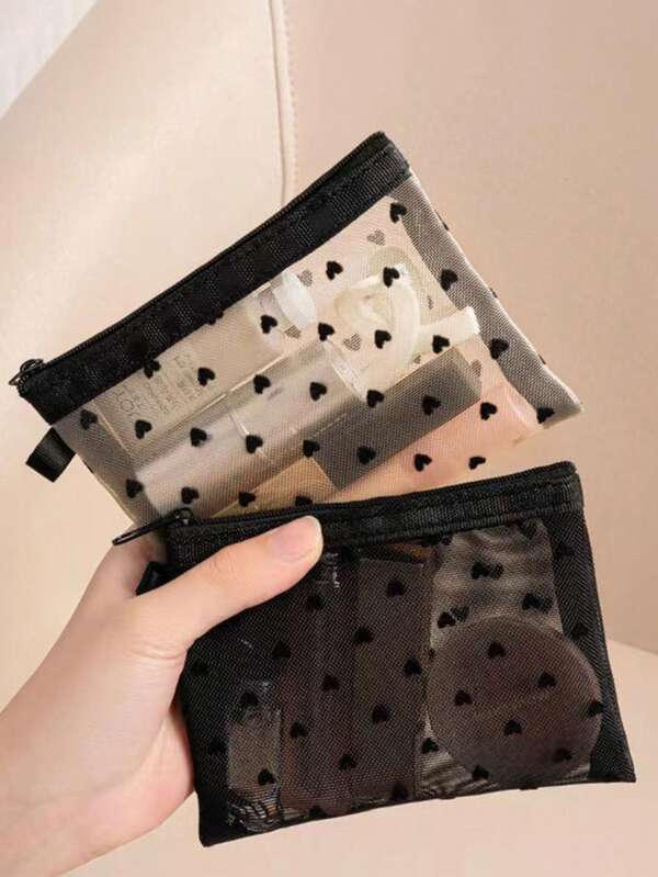 1 pieza Mini bolsa de maquillaje con forma de corazón y malla, estuche portátil multiuso transparente con felpa para lápices labiales