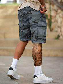1pc Men'S Summer Camo Cargo Shorts With Multiple Pockets, Drawstring Waist, And Letter Patch - Casual Five-Point Outdoor Shorts For Hiking, Fishing, And Casual Attire, Hiking Apparel | Letter Patch Shorts | Non-Stretch Fabri - 迷彩灰 - 查看 3