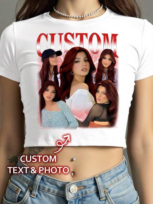 Tricou personalizat Y2K cu guler rotund și mânecă scurtă, croit, tricou personalizat retro cu fotografie și text