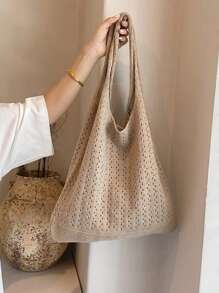 Distinctive Mori Style Knitted Tote Bag - Casual Lightweight Shoulder Handbag With Foldable Design, Boho Crochet Tote Bag - Fashionable Summer Beach Shoulder Bag With Beige/Ivory Hollow Weave Design, Suitable For Women, Art, Shopping Bag, Cute Y2K Crochet Bag For Casual Outings And Relaxation, Beach Bag With Lovely Love Pattern Knitted Shoulder Bag, Suitable For School, Travel, Shopping