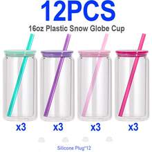 [ 4/8/12/25/50PCS ] 16 Oz Plastic Snowglobe Tumblers Pre Drilled, 16oz Double Wall Acrylic Snow Globe Tumbler Cup Supplies Clear Plastic Can Snowglobe Cups Bulk With Pre-Drilled Hole And Hole Stopper For Snow Globe Glitter DIY Crafts Gifts - Clear(with Colors Lids) - 查看 10
