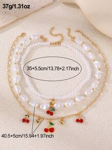 Set de 3 collares con colgantes de cerezas y corazones de perlas falsas para mujeres, adecuados para diario, fiesta, vacaciones