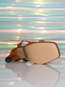 Women's Square Toe High Heel Waterproof Platform Sandals, Dignified Brown Color Non-Tiring Work Shoes, Metal Buckle Embellished Thick Heel Summer Sandals, Fashionable Party Shoes - Brown - View 6