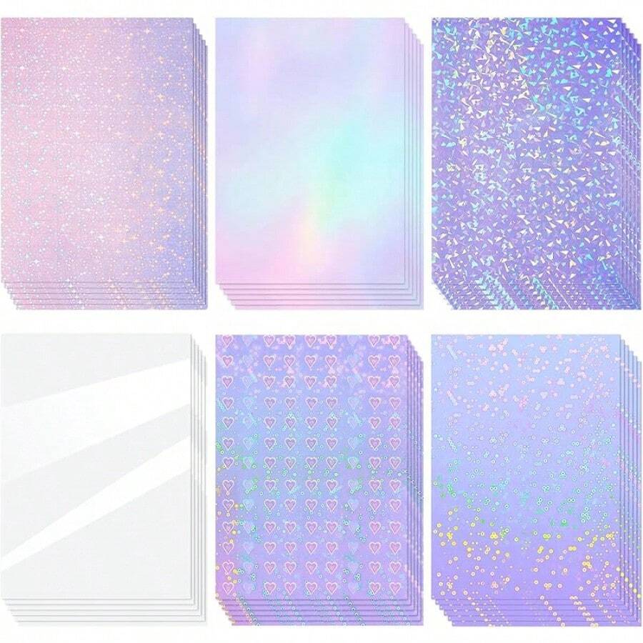 36 Sheets A4 Holographic Paper Sticker Transparent Waterproof Self Adhesive Film 11.X 8.3 Inches (Gem,, Colorful,) - Gem, Dot, Colorful, Star, Heart, Glossy Clear - View 1