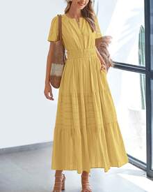 Women's V-Neck Cotton Midi Dress With Pocket - Màu vàng - Xem 1