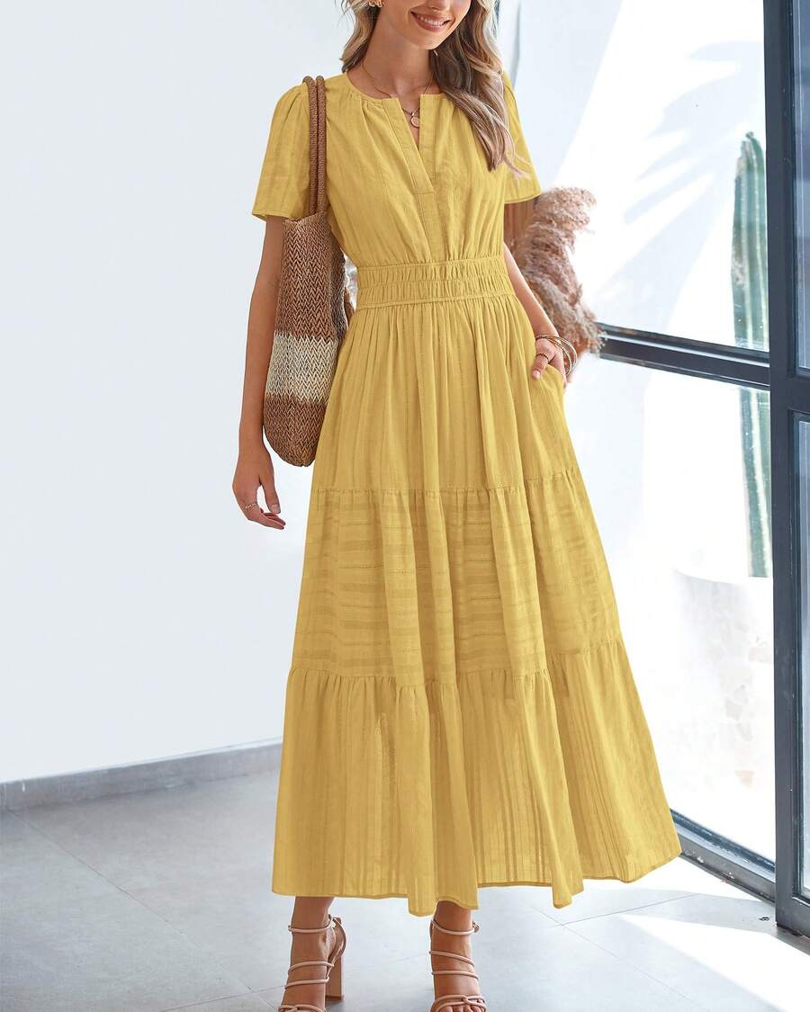 Women's V-Neck Cotton Midi Dress With Pocket - Màu vàng - Xem 1