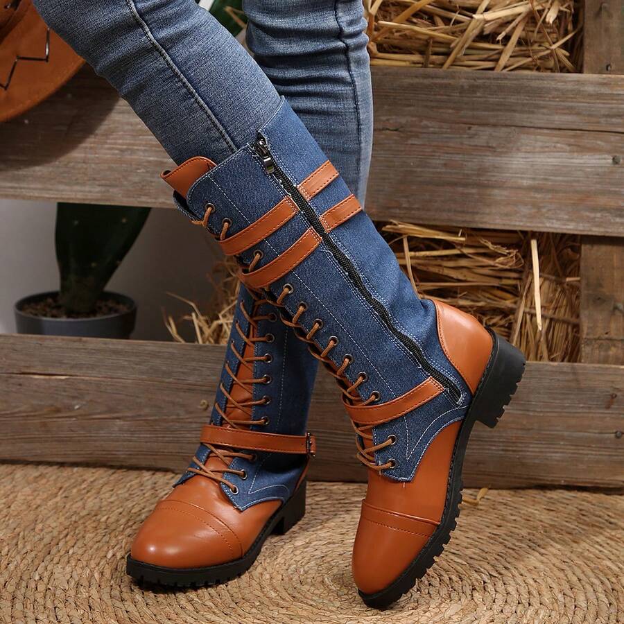 Women's Fashion Round Toe Thick Sole Side Zipper Mid-Calf Boots, New Casual Outdoor Ladies Shoes - Denim Blue - View 1