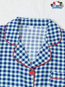 Bộ 3 món/Bộ đồ ngủ nữ xuân/hè Sanrio Hello Kitty kẻ sọc xanh trắng cổ polo tay ngắn có túi cài nút và quần/quần đùi thắt nơ, thích hợp mặc ở nhà, mặc thu đông - Xanh và trắng - Xem 3
