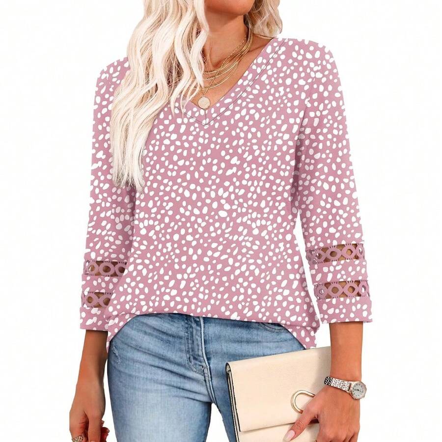 XIEERDUO 3/4 Length Sleeve Womens Tops Dressy Casual Blouses For Women 2025 V Neck T Shirts Summer Clothes - Z 粉紅點 - 查看 1