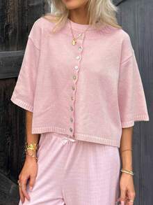 Women Short Sleeve Cropped Cardigan Crew Neck Button Down Ribbed Knitted Pullover Sweaters Y2K Going Out Sweater - Hồng - Xem 1
