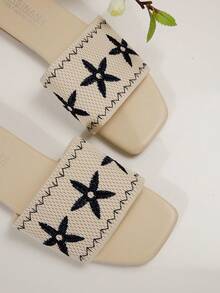 女士凉鞋，米色鞋，蓝色花卉刺绣装饰人字拖，夏季鞋，平底沙滩拖鞋，适合购物和度假等休闲场合 - 繡花藍 - 查看 9