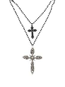 1pc Multi-Layer Cross Pendant Necklace, Black Metal Faux Crystal Zirconia, Women Punk Goth Party Accessory, Match Daily Outfit