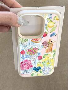 1 Pc Watercolor Floral Puppy Pattern Textured Anti-Fall Anti-Slip Soft Phone Case Cover, Compatible With Apple And Phones - Multicolor - View 2