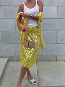 Women's Y2K Summer Coin Sequin Midi Skirt Low Rise Side Split Tie Up Pencil Skirt Sparkly Midi Length Party Skirts Clubwear Streetwear - 黃色 - 查看 1