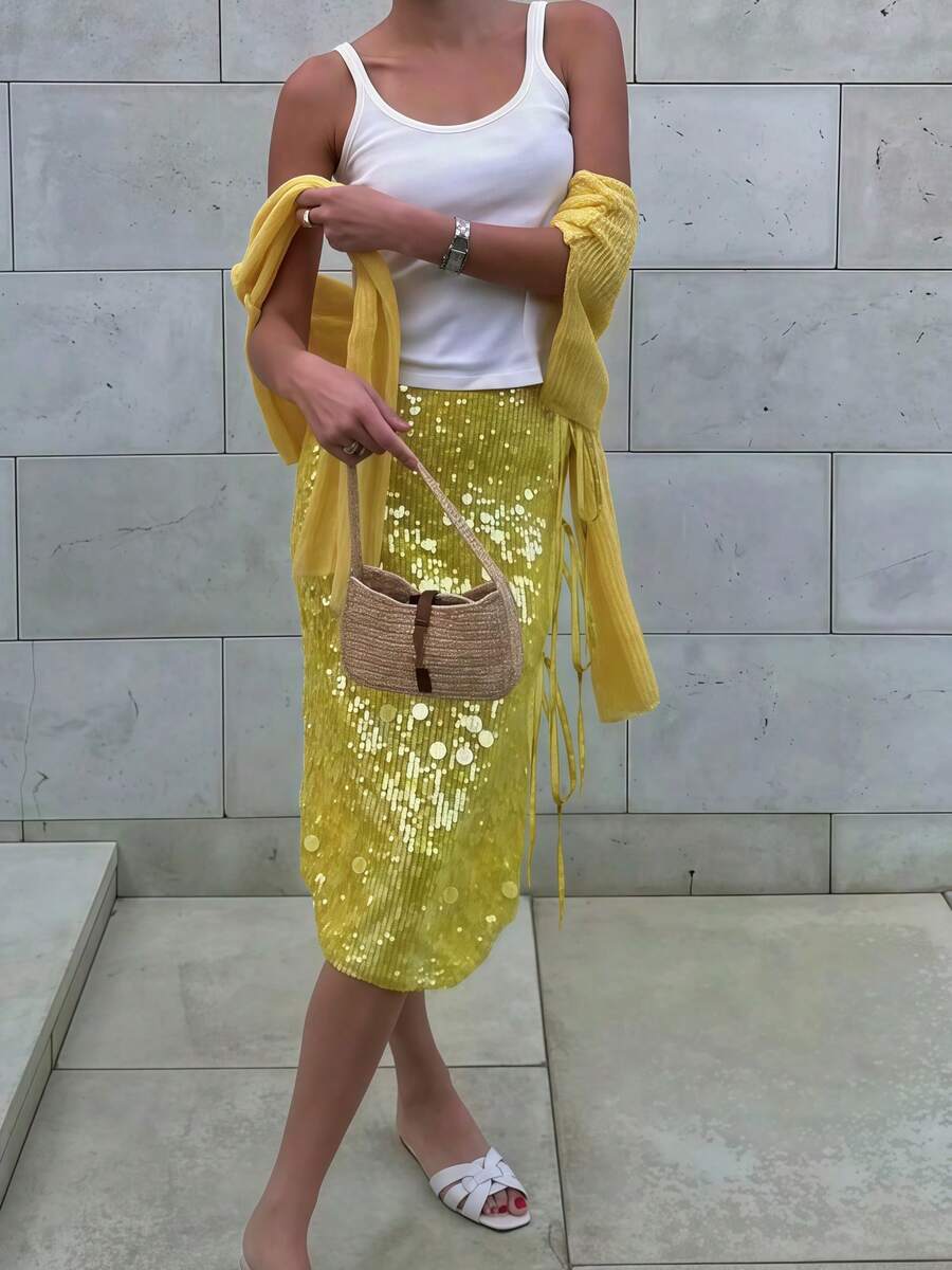 Women's Y2K Summer Coin Sequin Midi Skirt Low Rise Side Split Tie Up Pencil Skirt Sparkly Midi Length Party Skirts Clubwear Streetwear - 黃色 - 查看 1