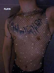 1 件闪亮水钻性感渔网短款上衣 - 网眼镂空背心，适合派对、舞会、海滩遮盖、俱乐部和休闲装、透明胸衣衬衫、双面、耐用、夜总会装