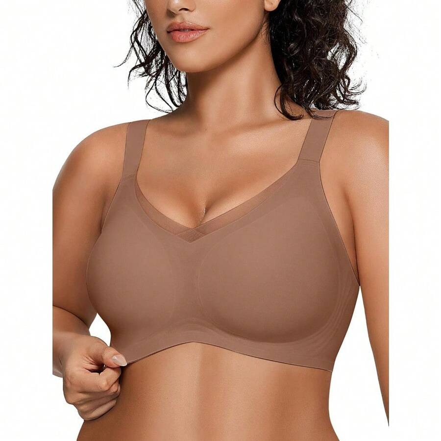 OEAK Womens Wireless Bras V Mesh Comfortable Bralette Supportive Tshirt Bra No Underwire Seamless Push Up Everyday Bras - Khaki - View 1
