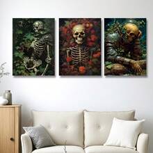 3 幅现代骷髅与花卉墙面艺术帆布海报，高清打印可选画框，客厅和卧室家居装饰挂画 - 彩色 - 查看 5