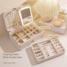 LED Compact Multi-Function 3-Color Adjustable Makeup Mirror & Jewelry Box Combo, Illuminates Your Beauty, Waterproof, Dustproof For Cosmetics, Earrings, Rings And Jewelry Storage Sun Travel Cool Back To School