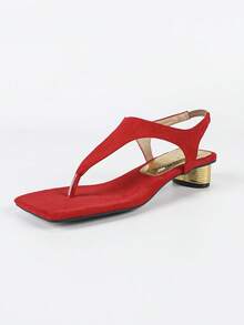Sandalias con tira entre los dedos de color rojo llamativo para mujeres, con puntera cuadrada, tacón medio elegante, perfectas para fiestas y citas