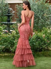 MIUSOL Đầm xẻ cao xếp lớp, đính sequin, ren hoa, lưới, kiểu dáng thanh lịch dành cho nữ, thích hợp dự tiệc cưới, lễ tốt nghiệp, tiệc tối trang trọng và các dịp khác, ngày lễ tình nhân mùa xuân. - Bụi hồng - Xem 3