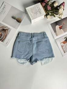 淑女街头水洗流苏毛边破洞高腰牛仔短裤度假风 - 藍色 - 查看 7
