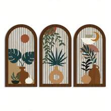 3-Piece Boho Style Vase Set With Leaf, Sun And Moon Elements, Wooden Painting Decor, Suitable For Home, Farm House, Living Room, Bedroom, Office, Cafe Wall Art, Gift