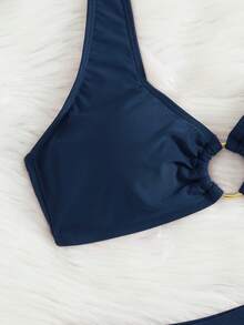 2026夏季新款优雅女士沙滩度假比基尼两件式泳衣，适合新年、情人节、音乐节等场合，休闲纯色弹力分体泳衣 - 寶石藍 - 查看 6