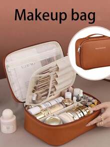 Large Capacity Spacious Double Layer Cosmetic Bag, PU Leather Waterproof Cosmetic Bag, Cosmetic Storage Bag, Lightweight Toiletries Cosmetic Bag, Large Capacity Toiletries Bag With Dividers, Cosmetic Travel Bag, Multifunctional Travel Storage Bag Make Up Bag