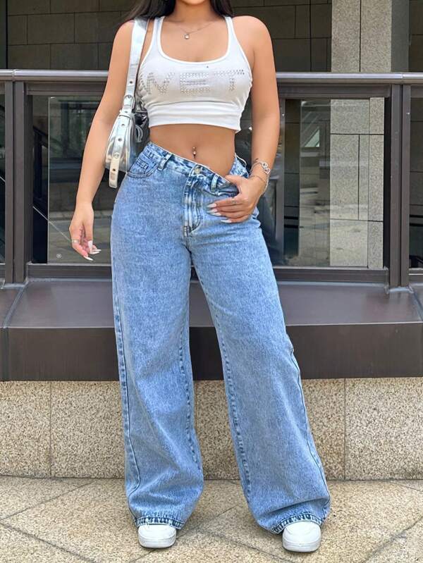 Teen Girl Spring & Summer Casual Fashion Music Festival Comfortable Cool Buttoned Rear Pocket Butterfly Embroidered Pearl Decor Straight Leg Jeans