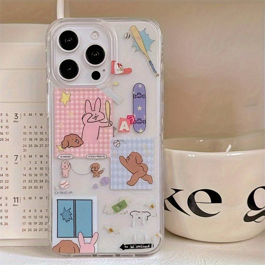 Caja del teléfono Conejo Skateboarding Béisbol Doble capa Agujero grande Pintura transparente Caja del teléfono adecuada 16 15 14 13 12pro 16 15 14Plus 13 12 11pro Caja del teléfono Base blanca IMD Parte trasera dura suave Anti - transparente - Ver 1