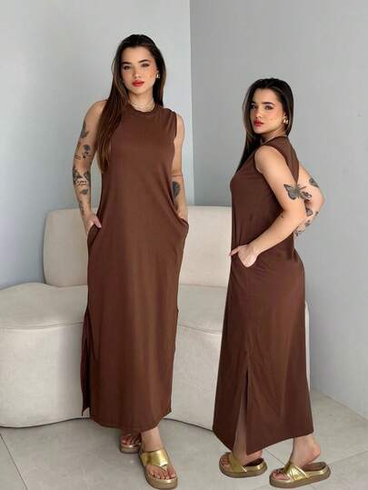 Vestido Longo Básico Casual Elegante Fenda Lateral Bolso Algodão Premium