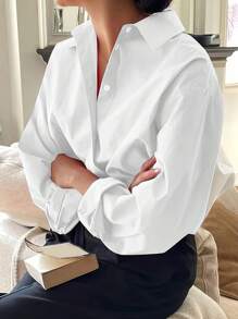 Plus Size Women Long Sleeve Casual Solid Color Front Button-Up Shirt - White - View 2
