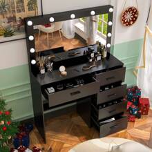 INS Style Premium Black Scandinavian-Luxurious Solid Wood LED Make-Up Mirror Table | One Piece Workstation + Large Drawer Storage | Girly Princess Make-Up Area | In Stock | Fast Delivery